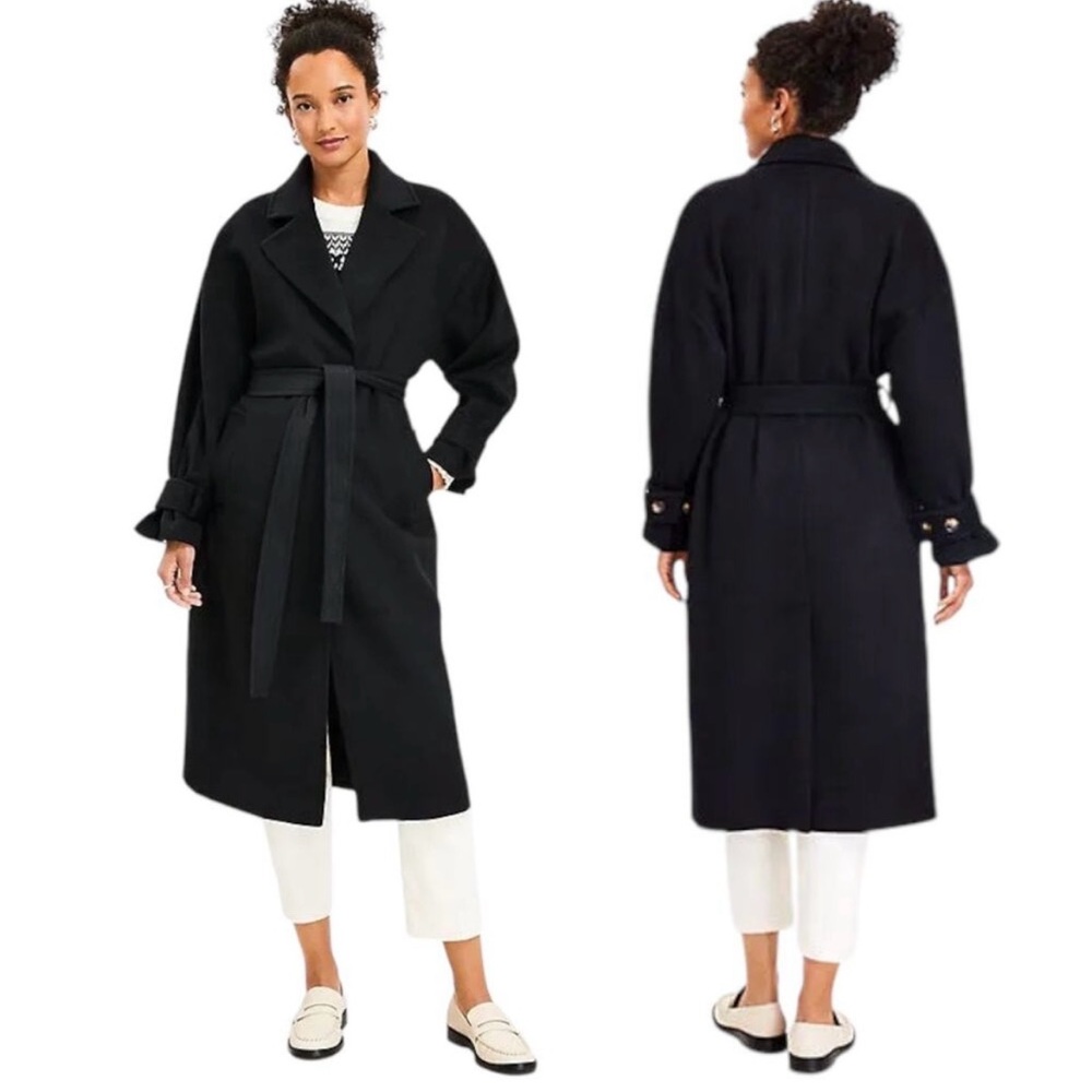 Loft Modern Tie Waist Trench Coat in black wool blend